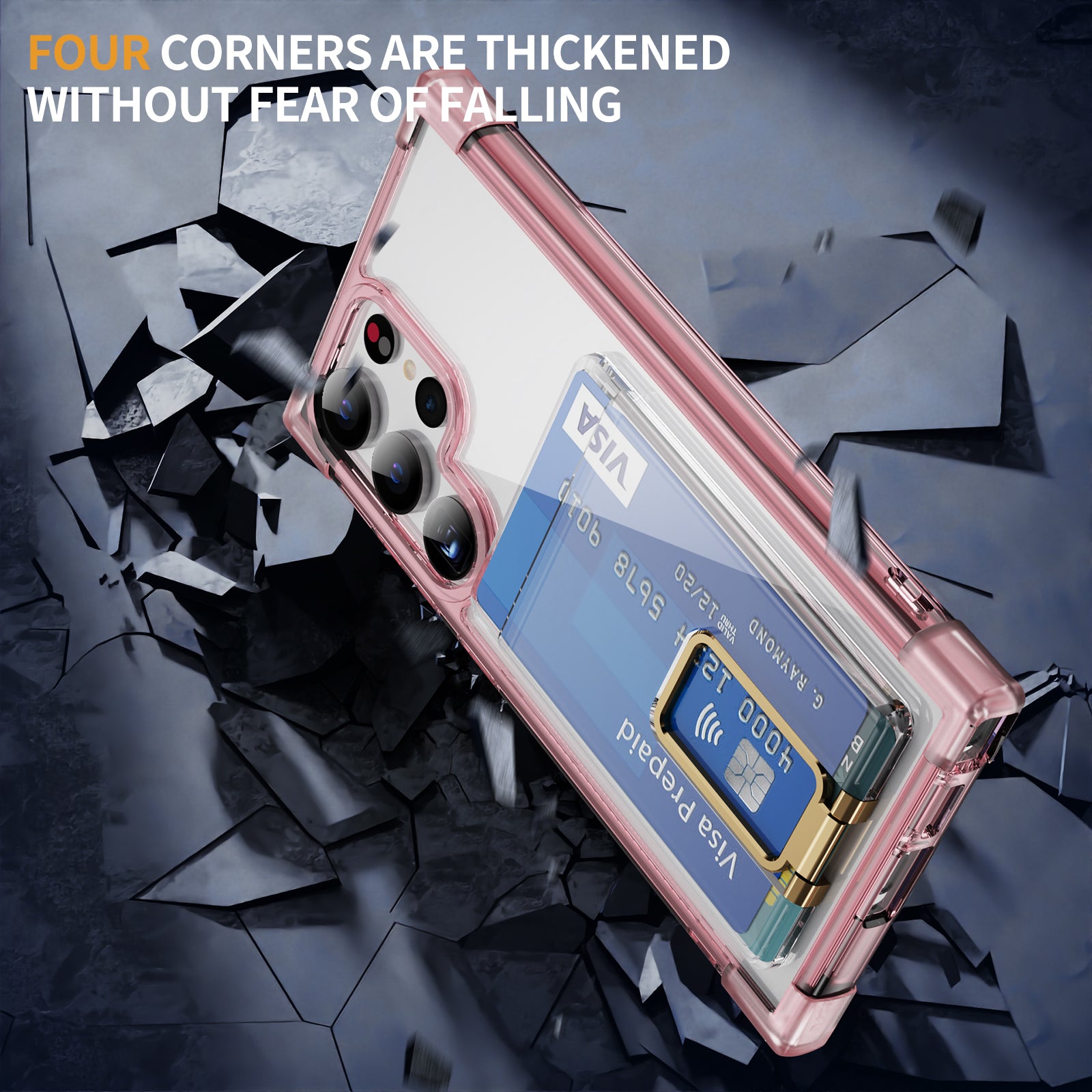 YSM Reinforced Corners Series for Samsung Galaxy S24 Ultra Kickstand Phone Case Card Holder - Transparent Pink