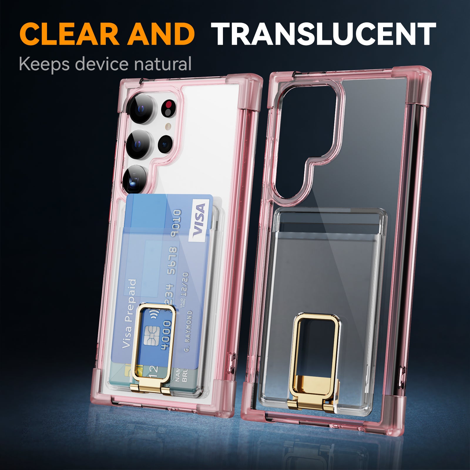 YSM Reinforced Corners Series for Samsung Galaxy S24 Ultra Kickstand Phone Case Card Holder - Transparent Pink