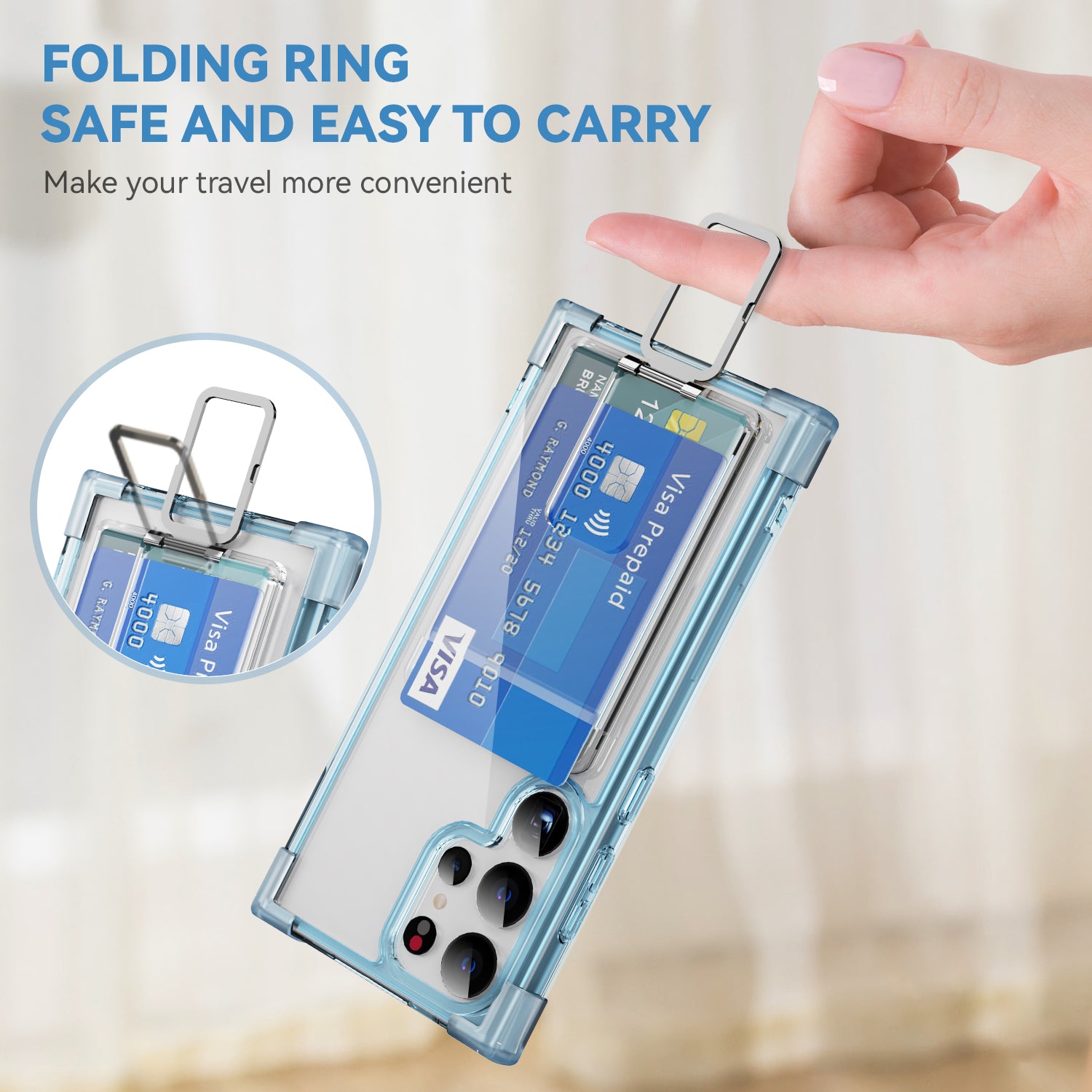 YSM Reinforced Corners Series for Samsung Galaxy S24 Ultra Kickstand Phone Case Card Holder - Transparent Blue