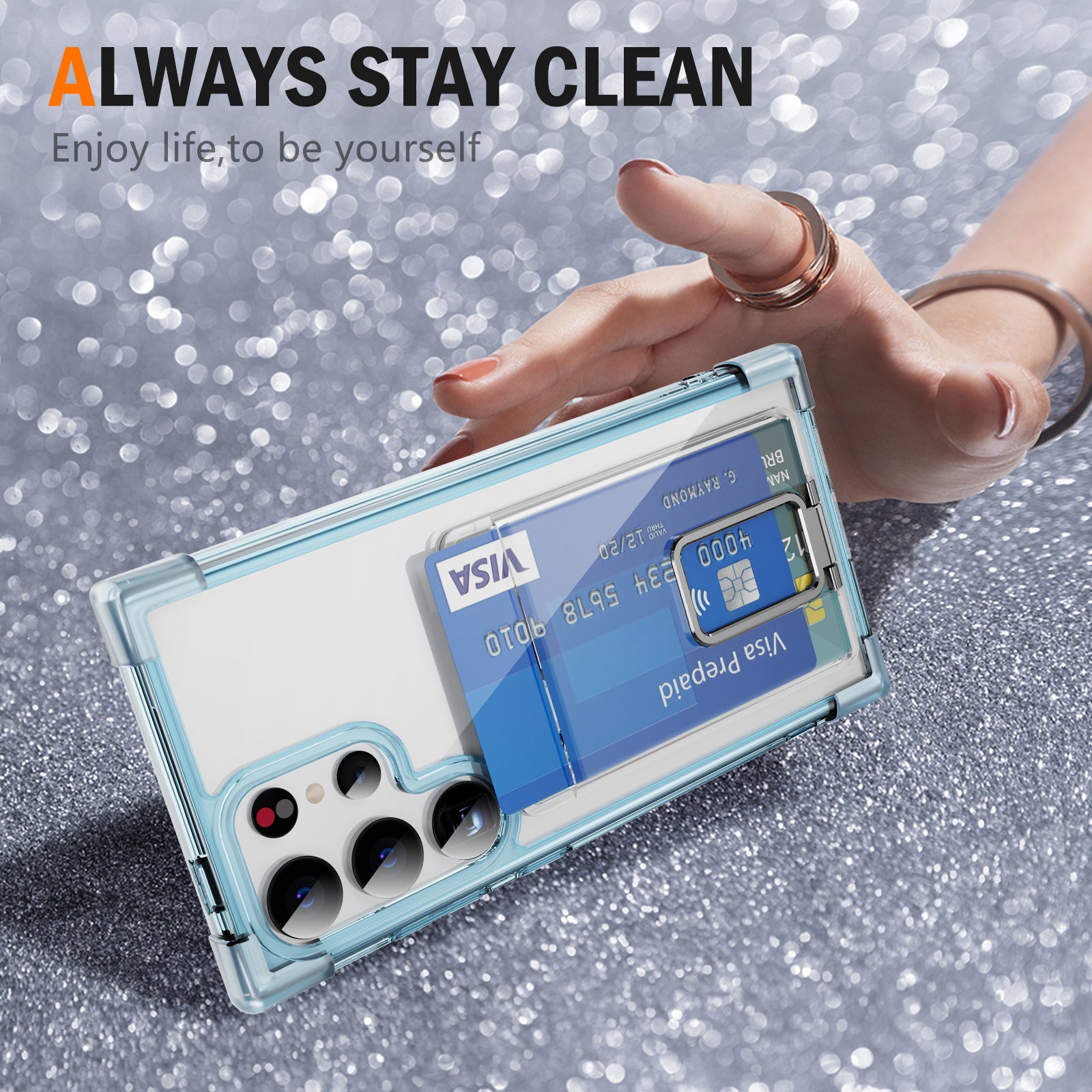 YSM Reinforced Corners Series for Samsung Galaxy S24 Ultra Kickstand Phone Case Card Holder - Transparent Blue