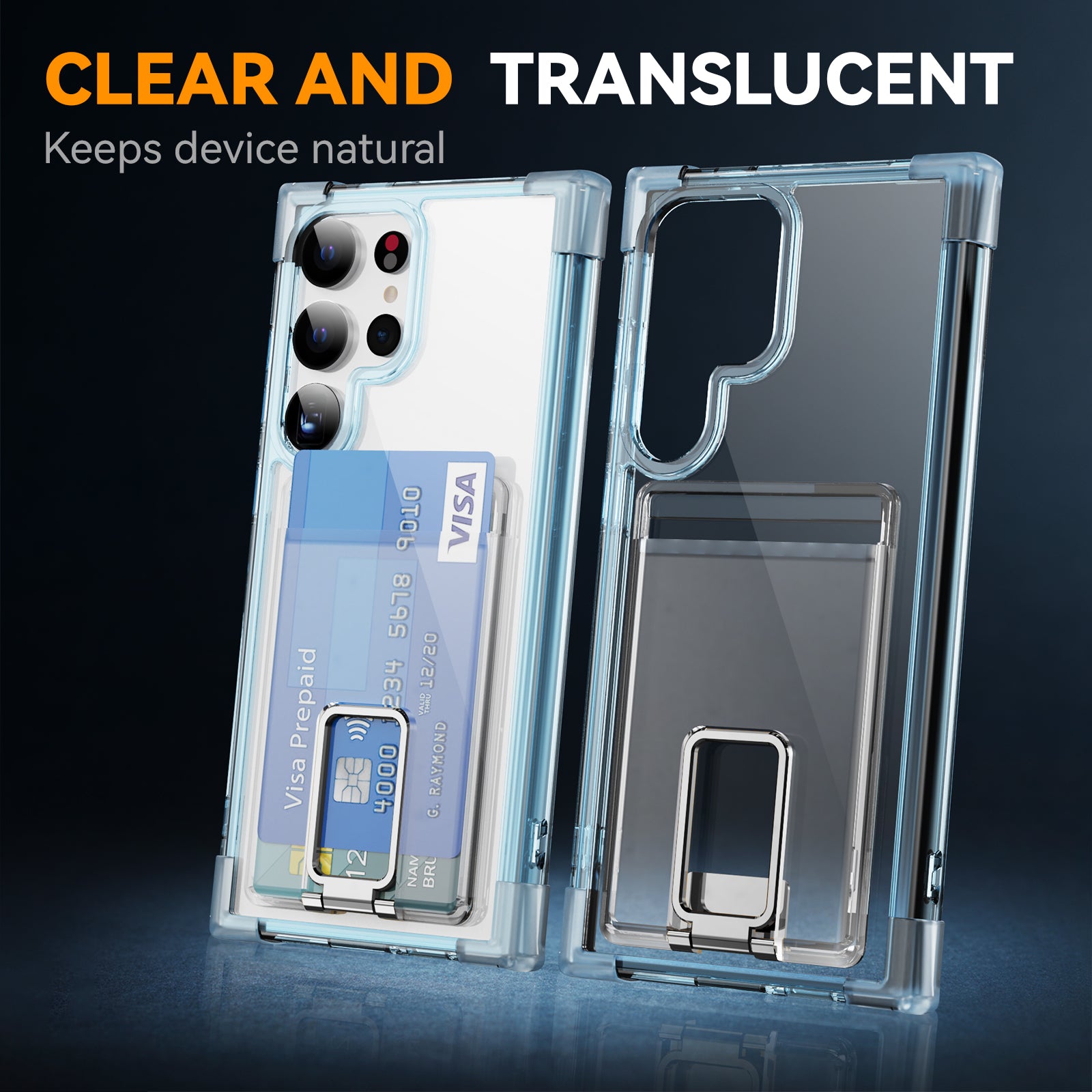 YSM Reinforced Corners Series for Samsung Galaxy S24 Ultra Kickstand Phone Case Card Holder - Transparent Blue