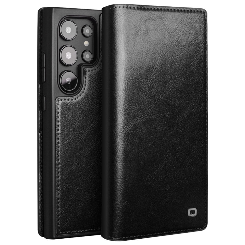 QIALINO For Samsung Galaxy S24 Ultra Case Wallet Flip Stand Phone Cover Genuine Cow Leather - Black