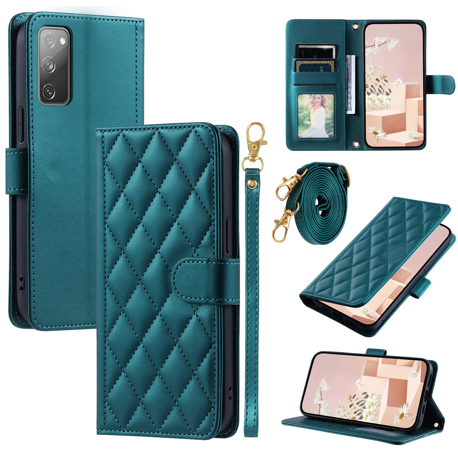 For Samsung Galaxy S20 FE / S20 FE 5G / S20 FE 2022 / S20 Lite Case Leather Wallet Cover with Straps - Green