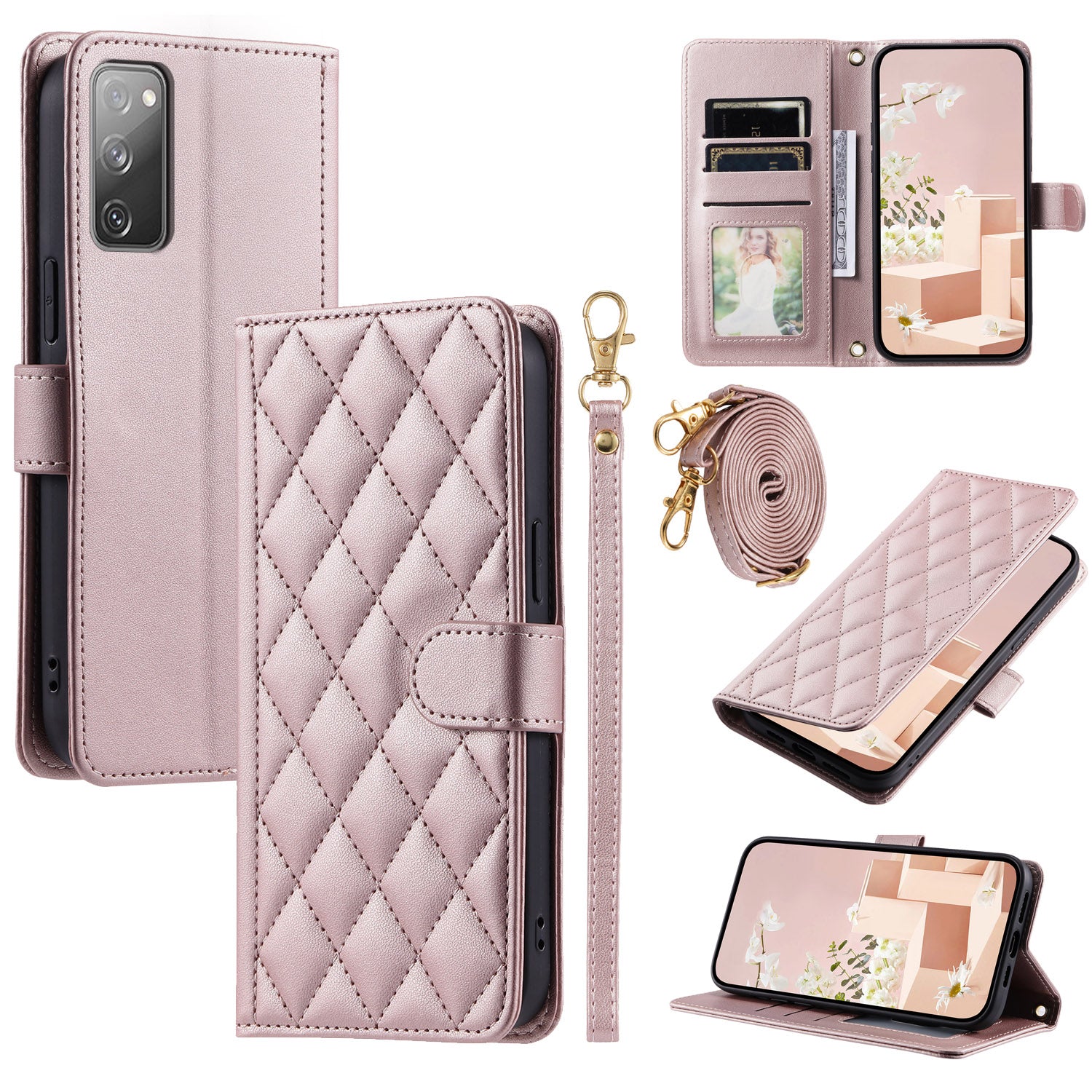 For Samsung Galaxy S20 FE / S20 FE 5G / S20 FE 2022 / S20 Lite Case Leather Wallet Cover with Straps - Rose Gold