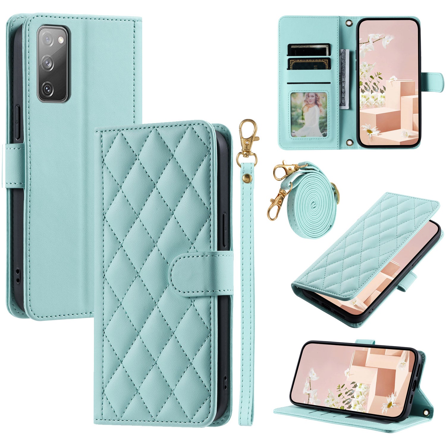 For Samsung Galaxy S20 FE / S20 FE 5G / S20 FE 2022 / S20 Lite Case Leather Wallet Cover with Straps - Mint Green