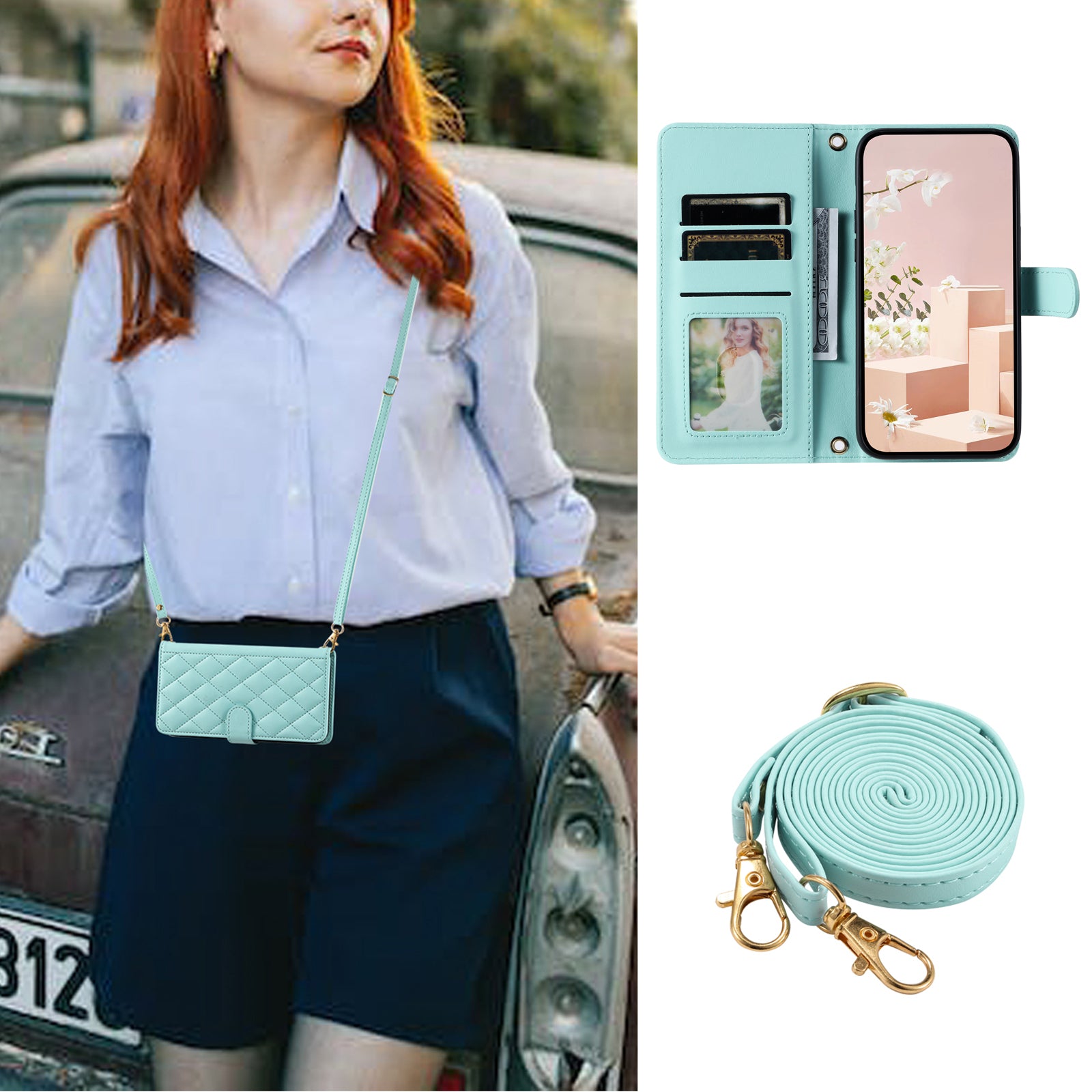 For Samsung Galaxy S20 FE / S20 FE 5G / S20 FE 2022 / S20 Lite Case Leather Wallet Cover with Straps - Mint Green