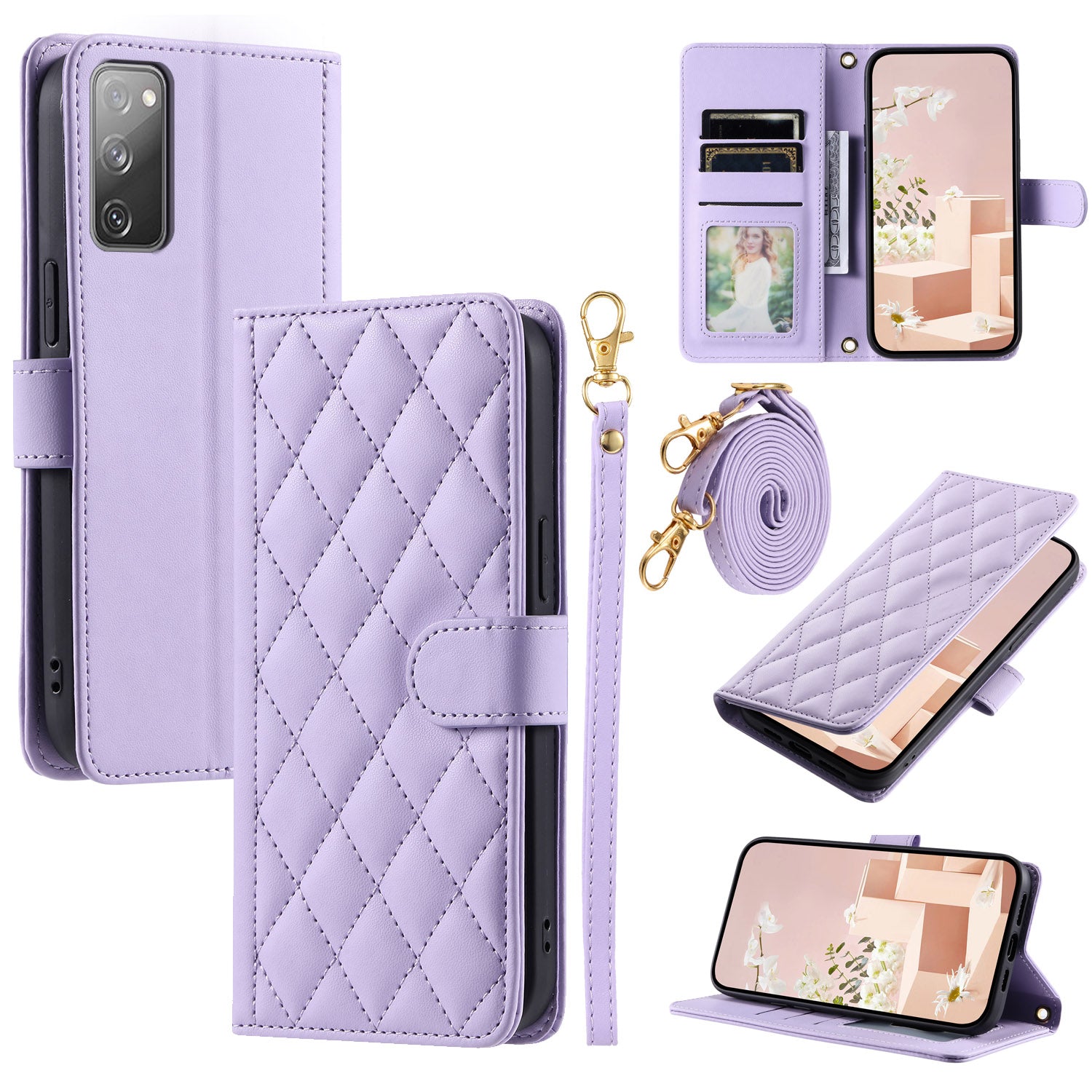 For Samsung Galaxy S20 FE / S20 FE 5G / S20 FE 2022 / S20 Lite Case Leather Wallet Cover with Straps - Purple