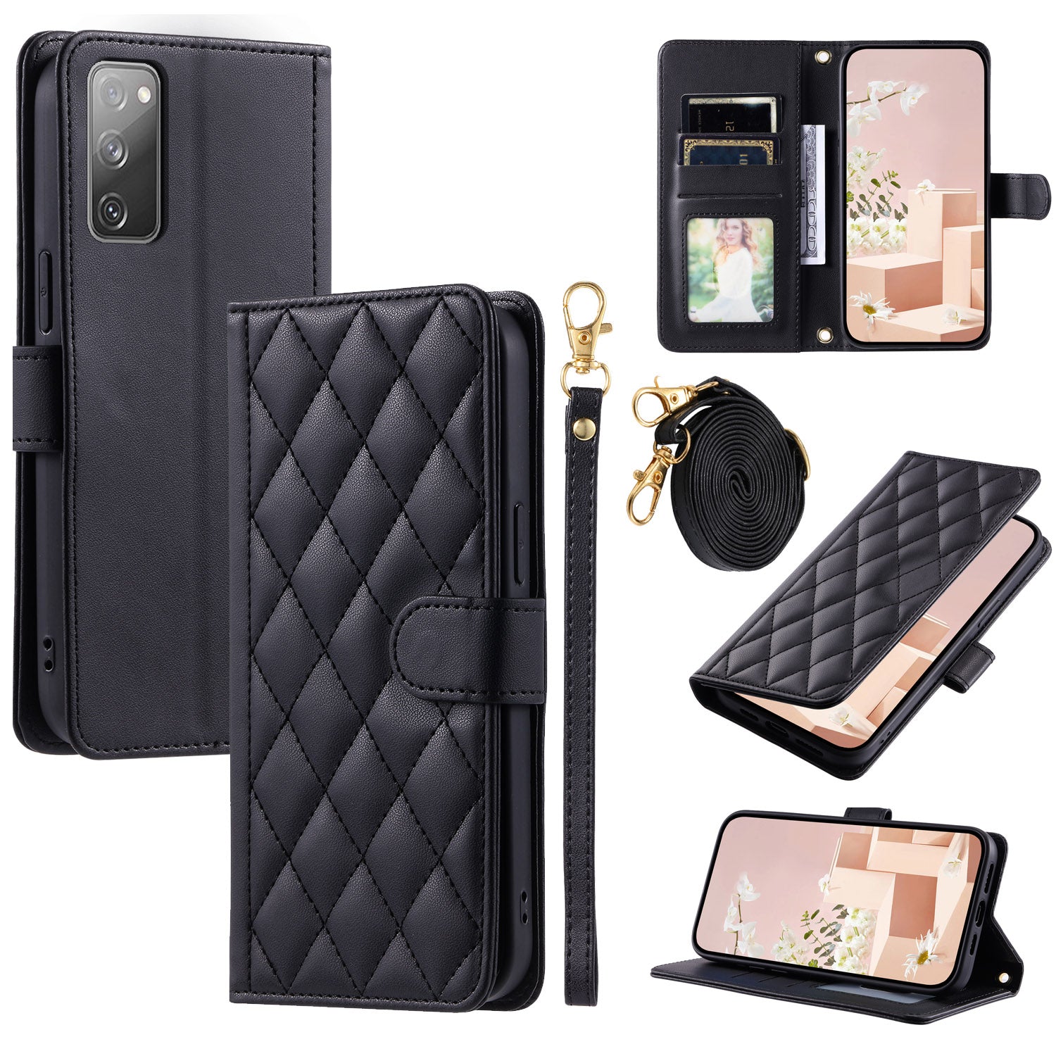 For Samsung Galaxy S20 FE / S20 FE 5G / S20 FE 2022 / S20 Lite Case Leather Wallet Cover with Straps - Black