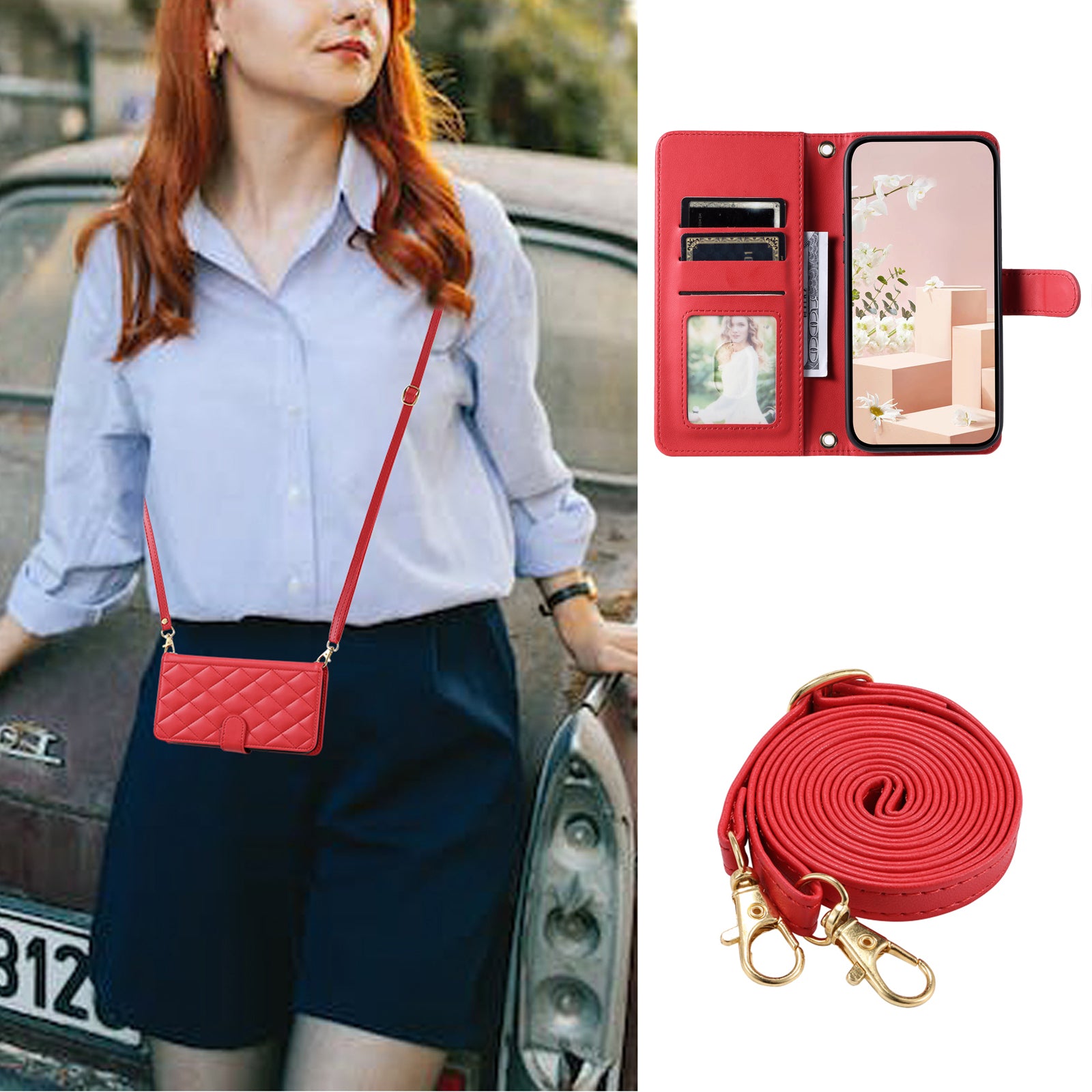 For Samsung Galaxy S20 FE / S20 FE 5G / S20 FE 2022 / S20 Lite Case Leather Wallet Cover with Straps - Red