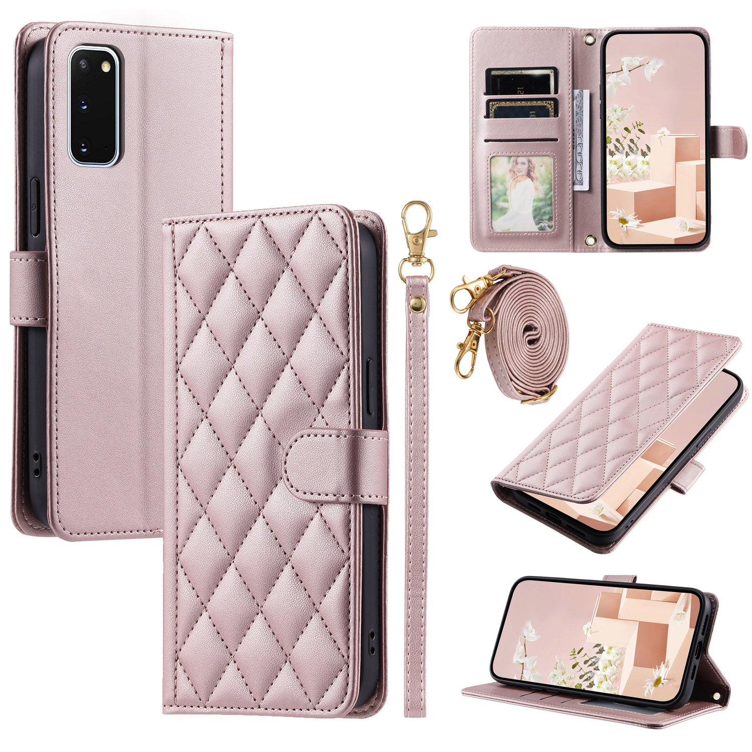 For Samsung Galaxy S20 4G / 5G Leather Case with Shoulder Strap Phone Wallet Cover - Rose Gold