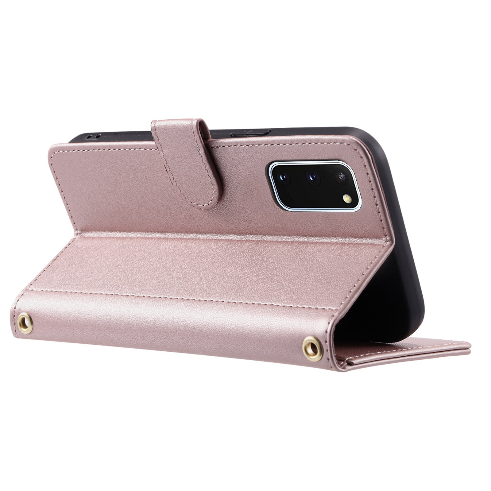 For Samsung Galaxy S20 4G / 5G Leather Case with Shoulder Strap Phone Wallet Cover - Rose Gold