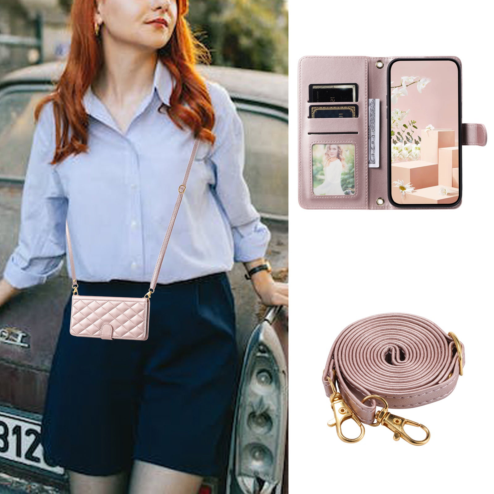 For Samsung Galaxy S20 4G / 5G Leather Case with Shoulder Strap Phone Wallet Cover - Rose Gold