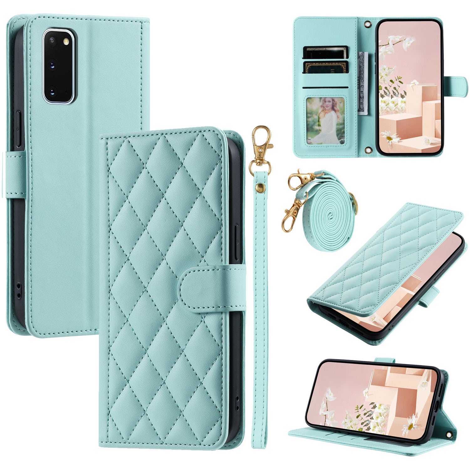 For Samsung Galaxy S20 4G / 5G Leather Case with Shoulder Strap Phone Wallet Cover - Mint Green