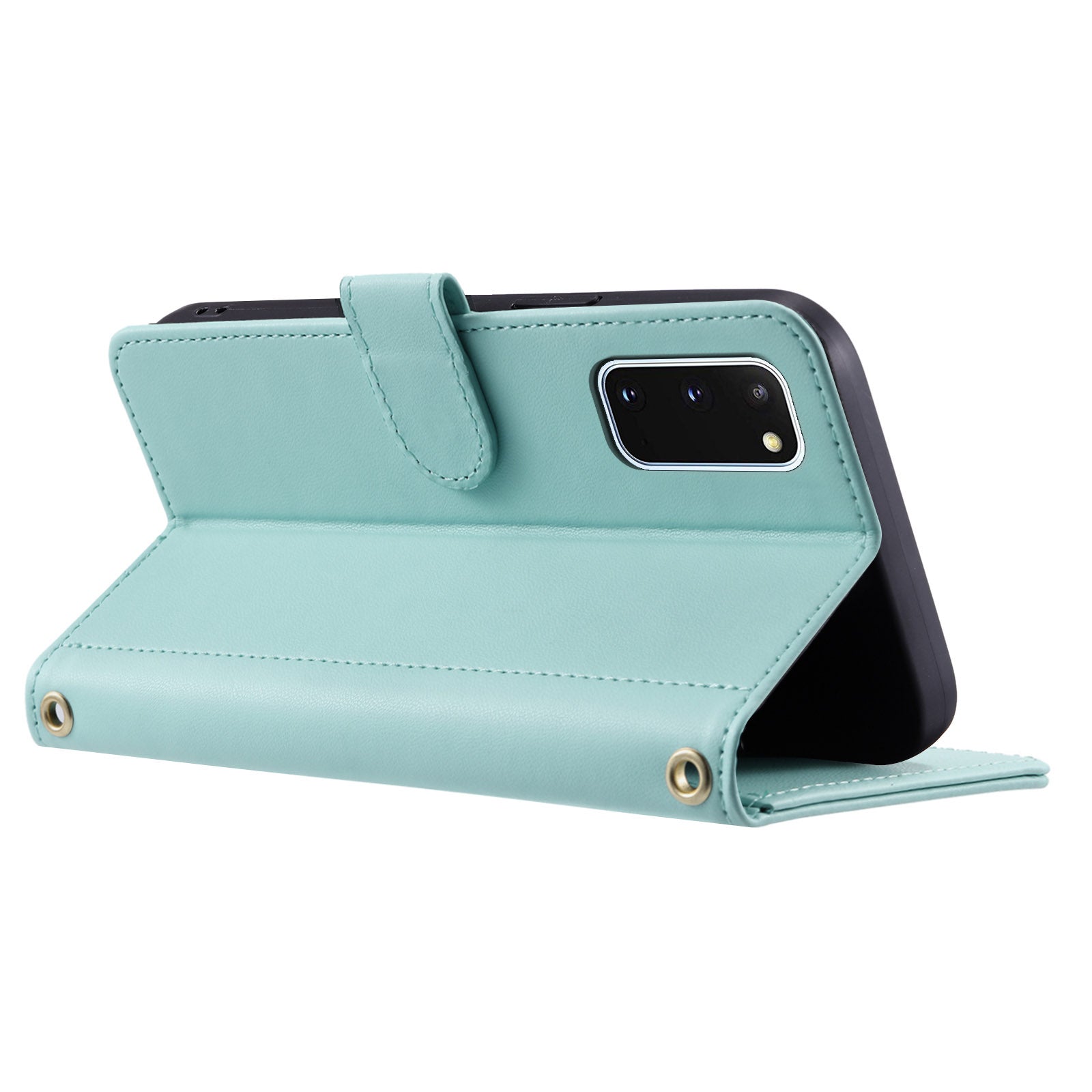 For Samsung Galaxy S20 4G / 5G Leather Case with Shoulder Strap Phone Wallet Cover - Mint Green