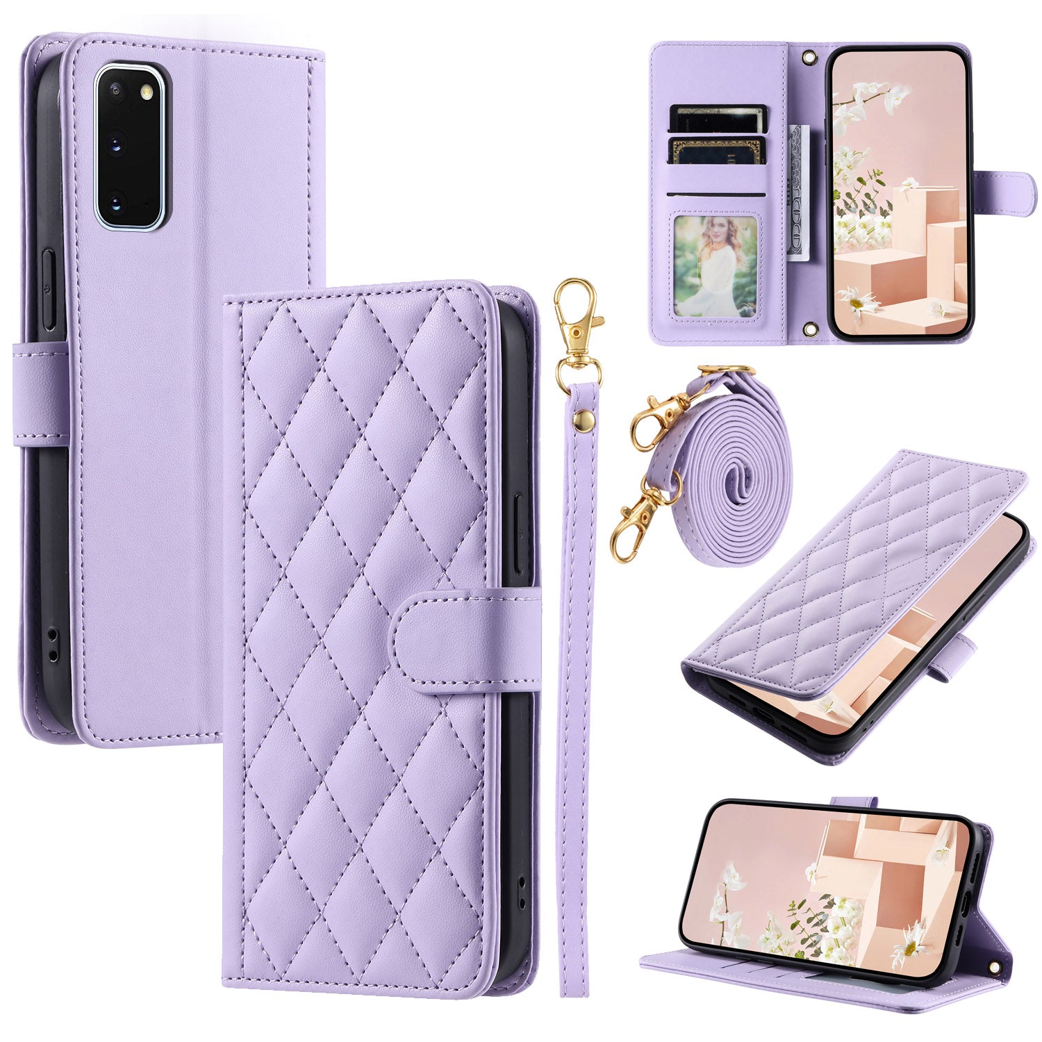 For Samsung Galaxy S20 4G / 5G Leather Case with Shoulder Strap Phone Wallet Cover - Purple