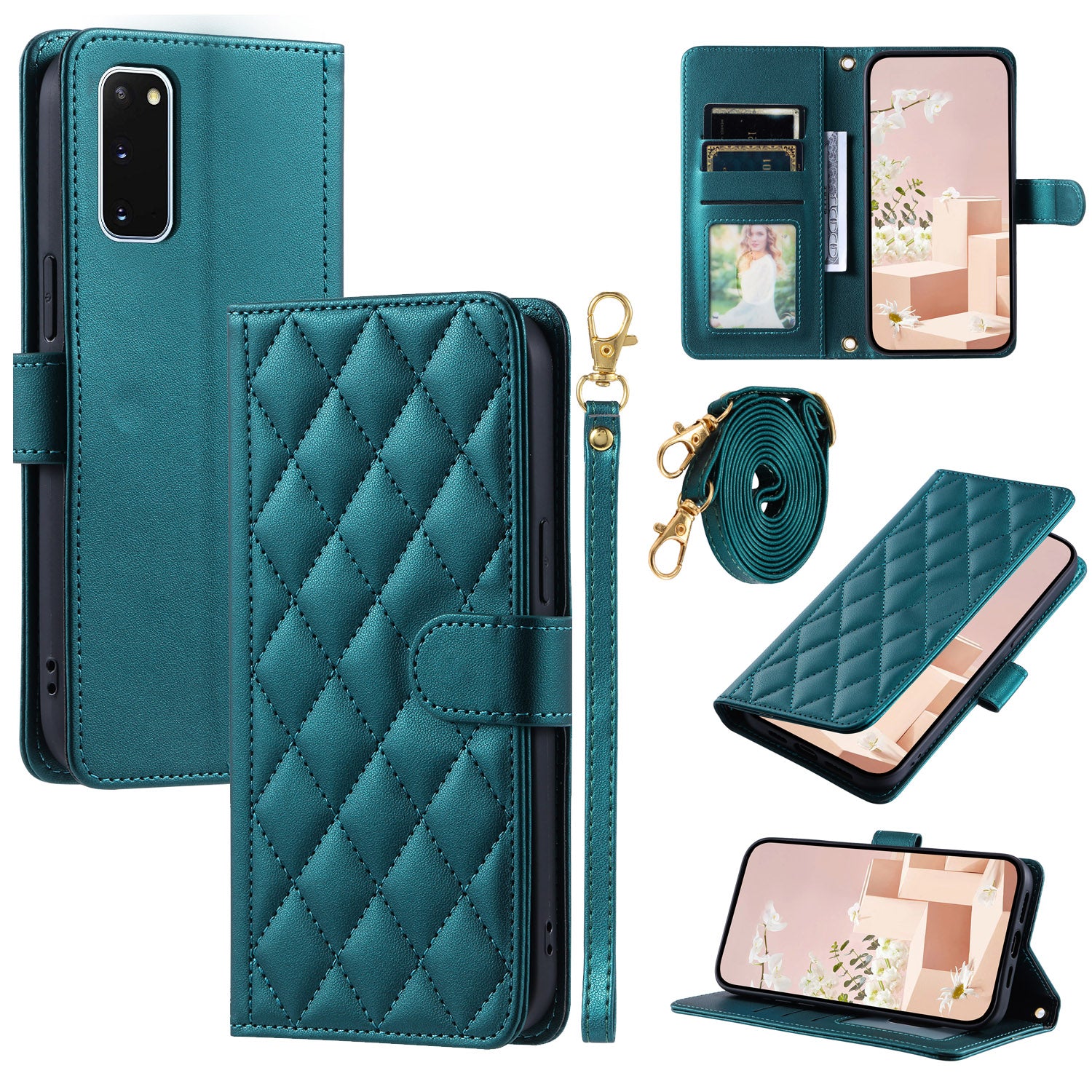 For Samsung Galaxy S20 4G / 5G Leather Case with Shoulder Strap Phone Wallet Cover - Green