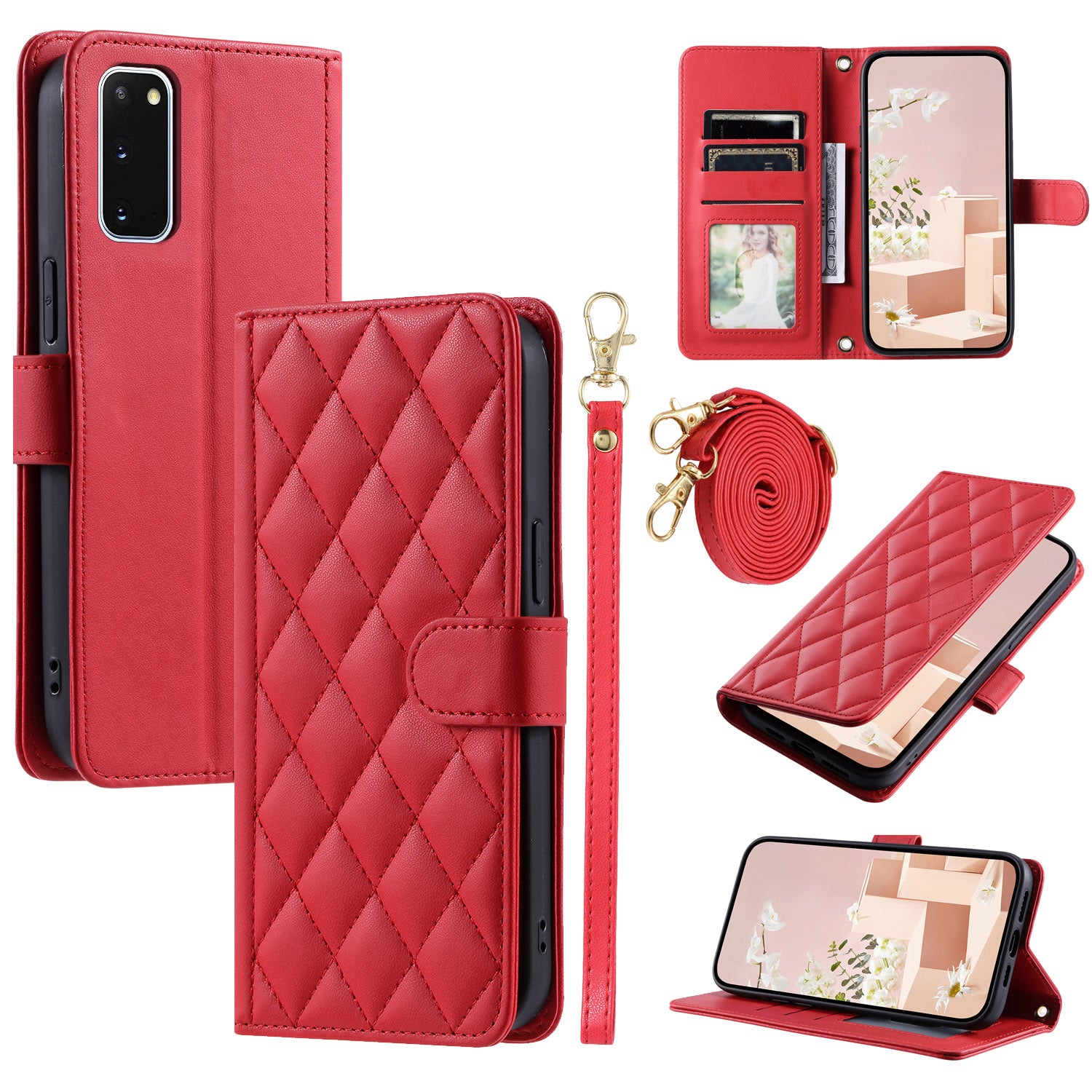 For Samsung Galaxy S20 4G / 5G Leather Case with Shoulder Strap Phone Wallet Cover - Red