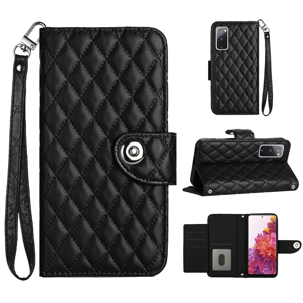 YB Imprinting Series-8 for Samsung Galaxy S20 FE 4G / FE 5G / S20 Lite / S20 FE 2022 Leather Case with Hand Strap - Black