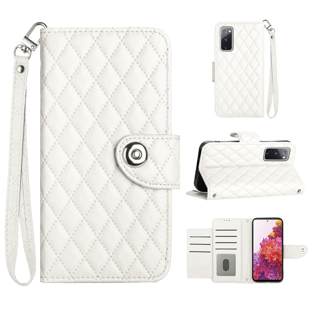 YB Imprinting Series-8 for Samsung Galaxy S20 FE 4G / FE 5G / S20 Lite / S20 FE 2022 Leather Case with Hand Strap - White