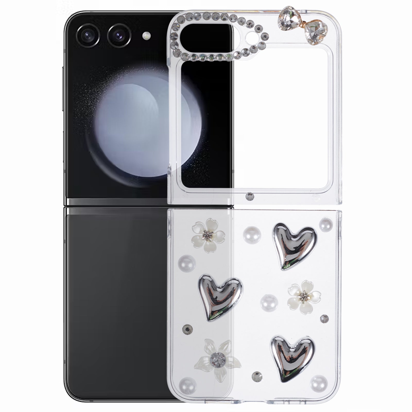 For Samsung Galaxy Z Flip6 5G Case 2-Piece Design Hard Plastic Phone Shell with Rhinestone Decor - Heart