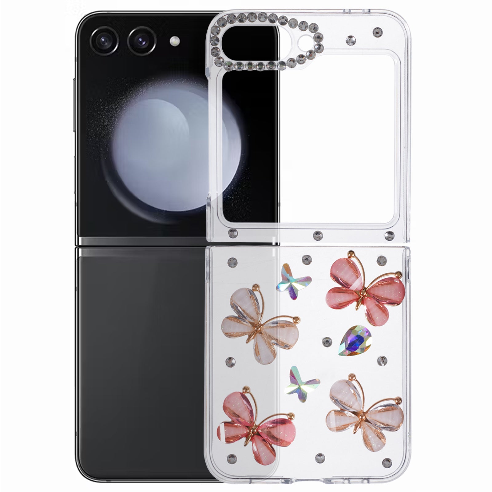 For Samsung Galaxy Z Flip6 5G Case 2-Piece Design Rhinestone Decor Plastic Phone Cover - Butterflies