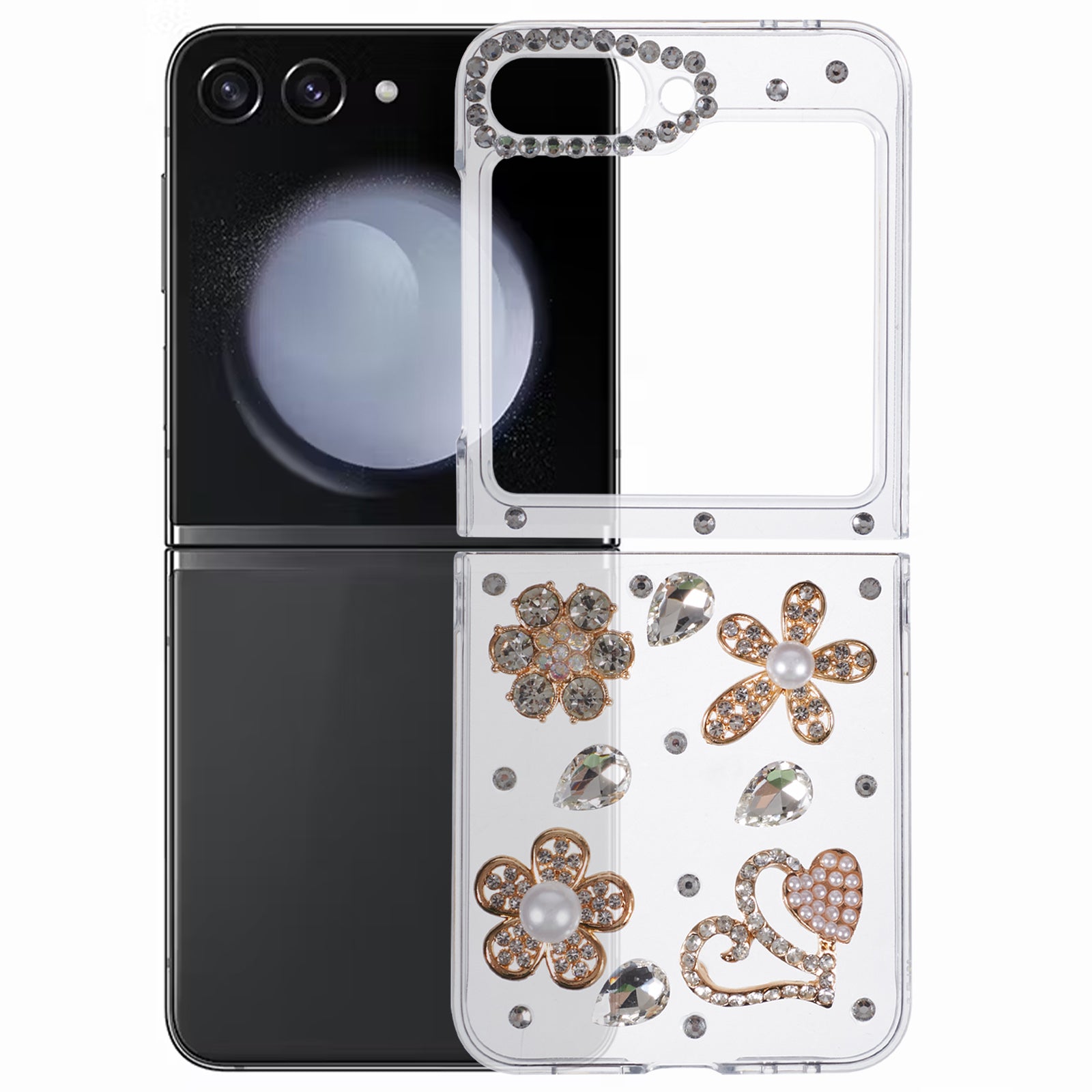 For Samsung Galaxy Z Flip6 5G Case 2-Piece Design Rhinestone Decor Plastic Phone Cover - Flowers