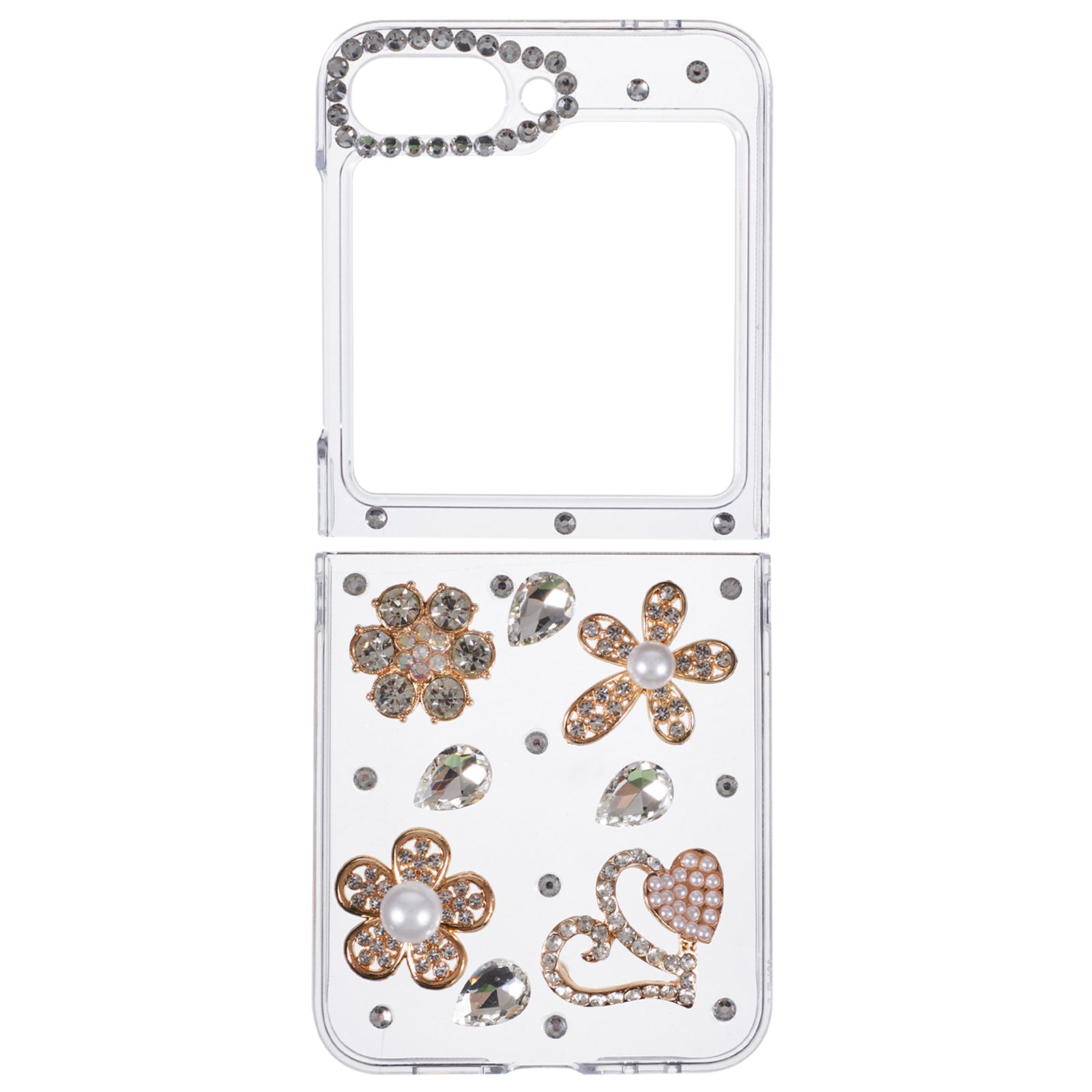 For Samsung Galaxy Z Flip6 5G Case 2-Piece Design Rhinestone Decor Plastic Phone Cover - Flowers