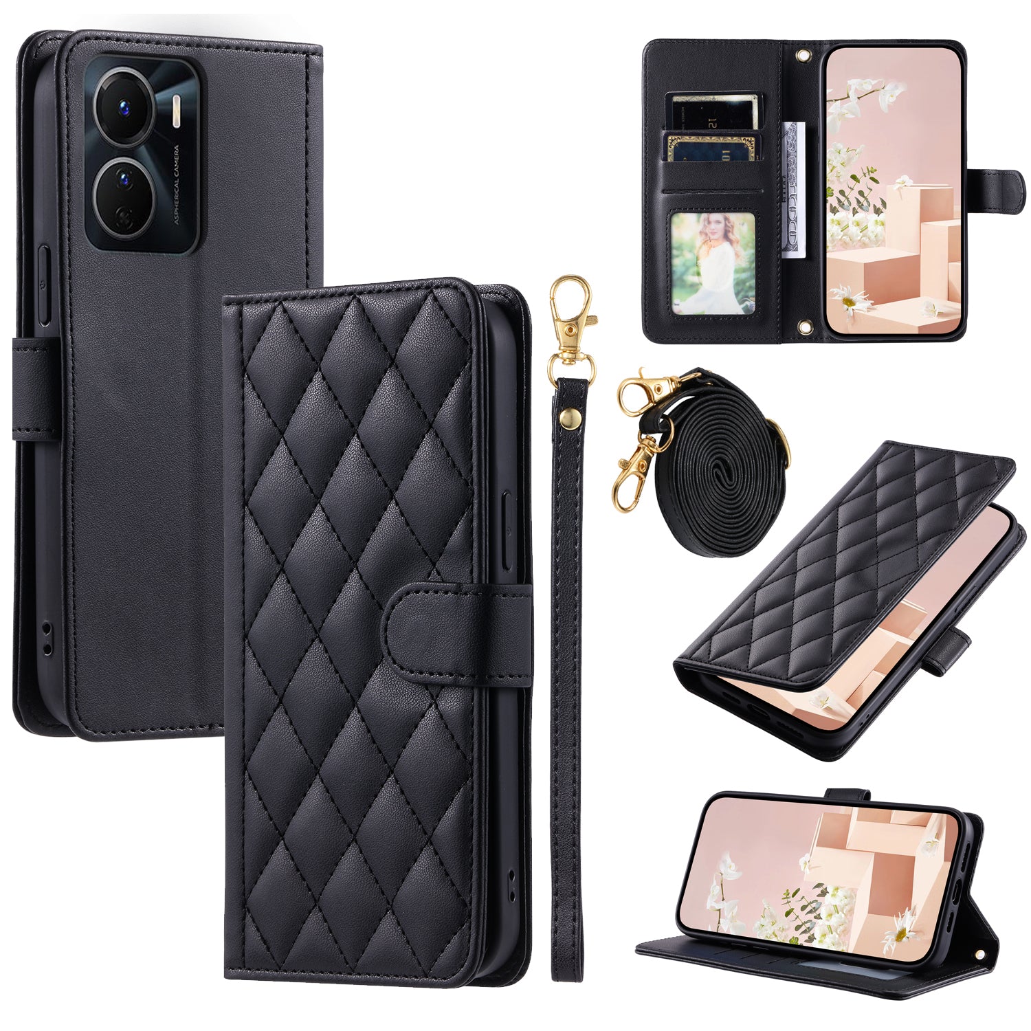 For vivo Y16 4G / Y56 5G / Y02s 4G Case Wallet Stand Flip Leather Phone Cover - Black