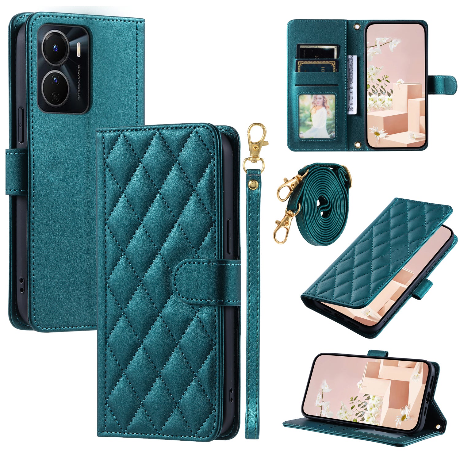 For vivo Y16 4G / Y56 5G / Y02s 4G Case Wallet Stand Flip Leather Phone Cover - Green