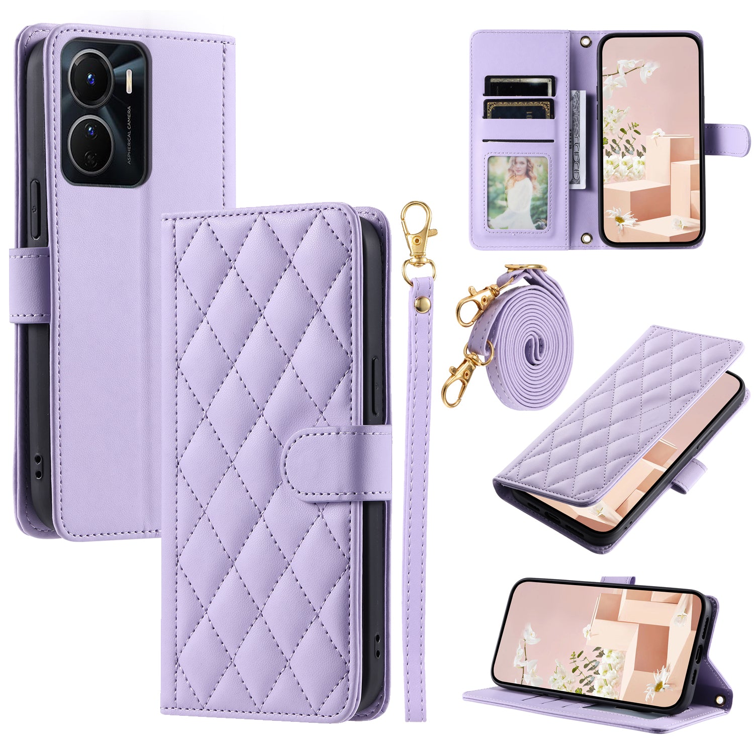 For vivo Y16 4G / Y56 5G / Y02s 4G Case Wallet Stand Flip Leather Phone Cover - Purple