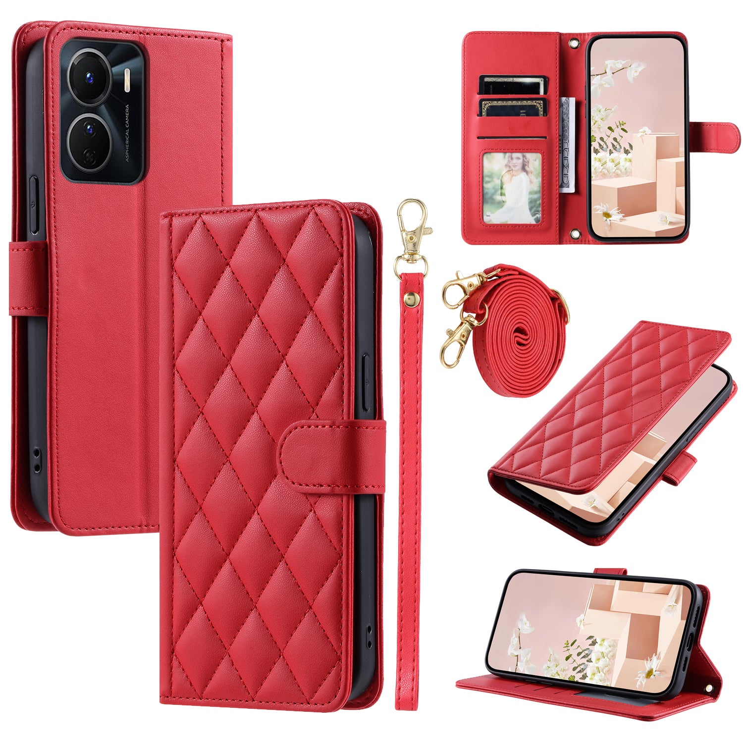 For vivo Y16 4G / Y56 5G / Y02s 4G Case Wallet Stand Flip Leather Phone Cover - Red