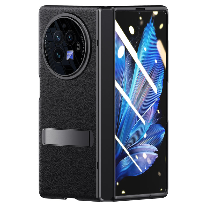 For vivo X Fold3 Case Leather Coated PC Magnetic Kickstand Phone Cover with HD Screen Film - Black