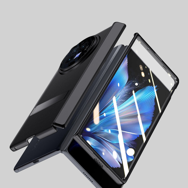 For vivo X Fold3 Case Leather Coated PC Magnetic Kickstand Phone Cover with HD Screen Film - Black