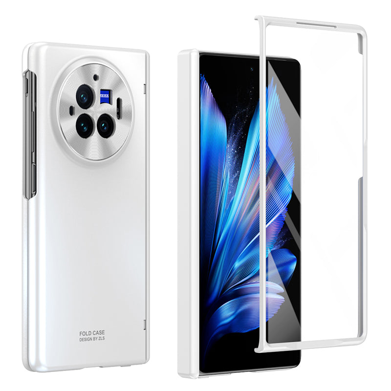 For vivo X Fold3 Pro Case PU Leather Coated PC Phone Cover with Tempered Glass Screen Film - White
