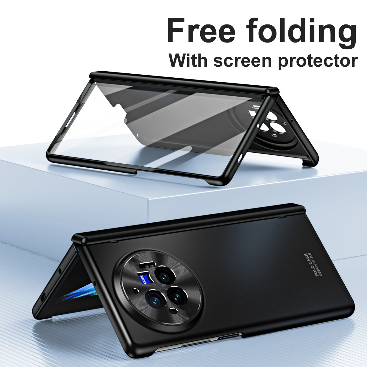 For vivo X Fold3 Pro Case PU Leather Coated PC Phone Cover with Tempered Glass Screen Film - Black