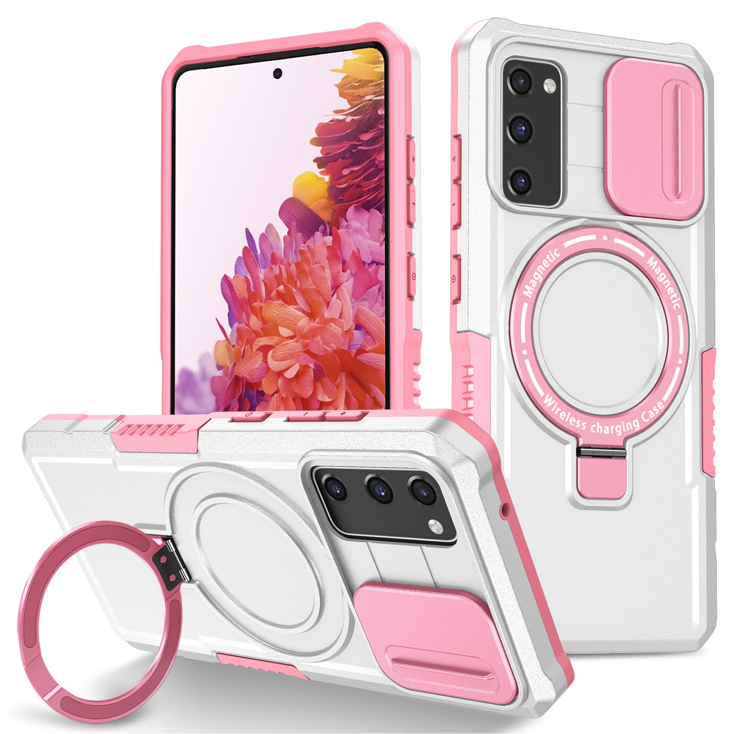 For Samsung Galaxy S20 FE 4G / FE 5G / S20 Lite / S20 FE 2022 Magnetic Case PC+TPU Phone Shell with Slide Camera Lid - Pink  /  White