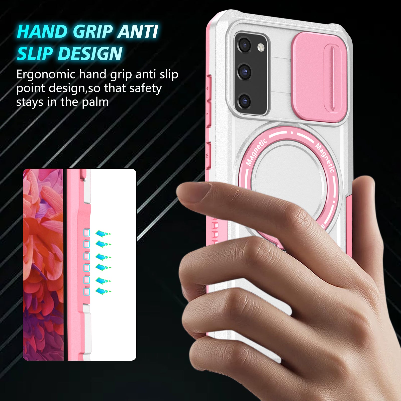 For Samsung Galaxy S20 FE 4G / FE 5G / S20 Lite / S20 FE 2022 Magnetic Case PC+TPU Phone Shell with Slide Camera Lid - Pink  /  White