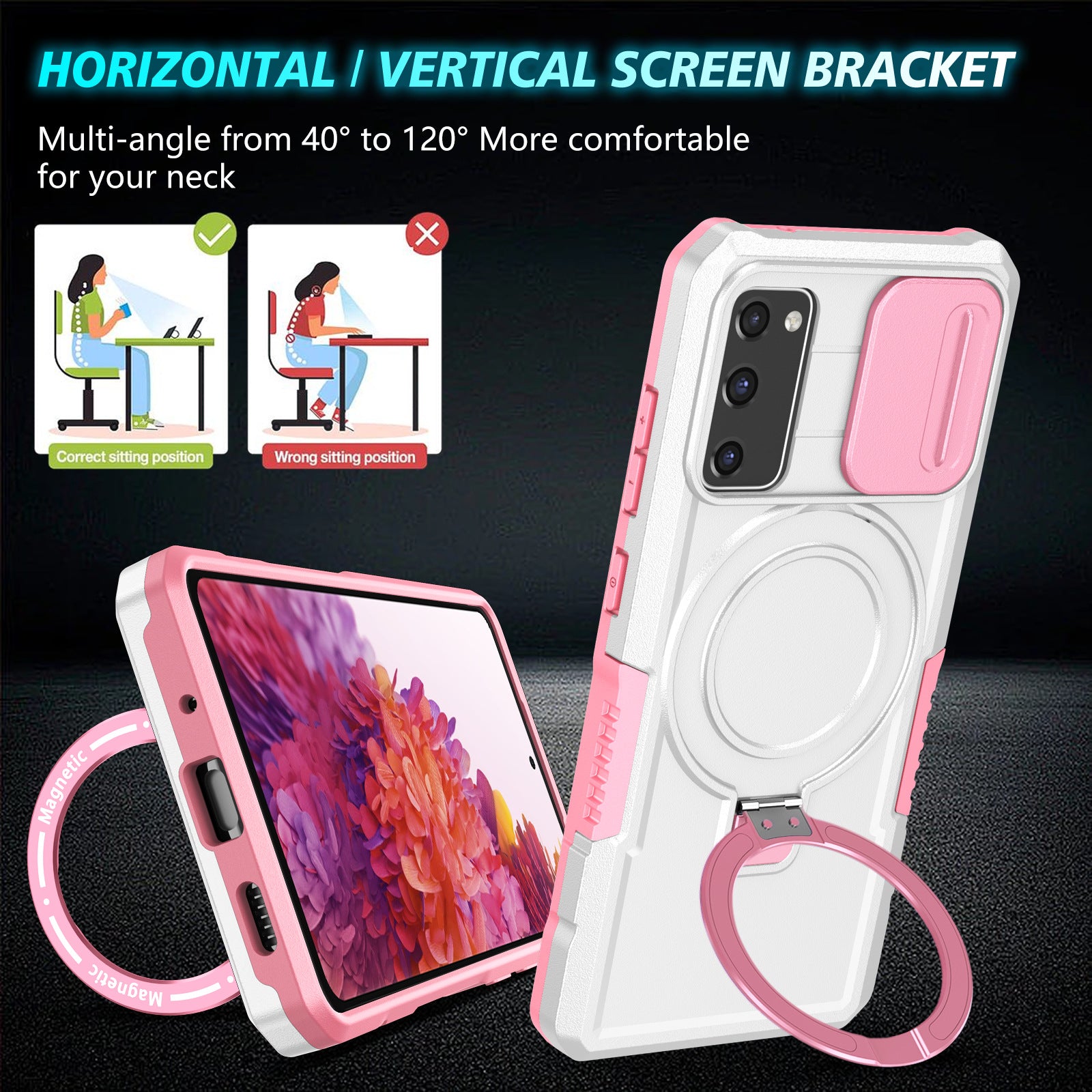 For Samsung Galaxy S20 FE 4G / FE 5G / S20 Lite / S20 FE 2022 Magnetic Case PC+TPU Phone Shell with Slide Camera Lid - Pink  /  White