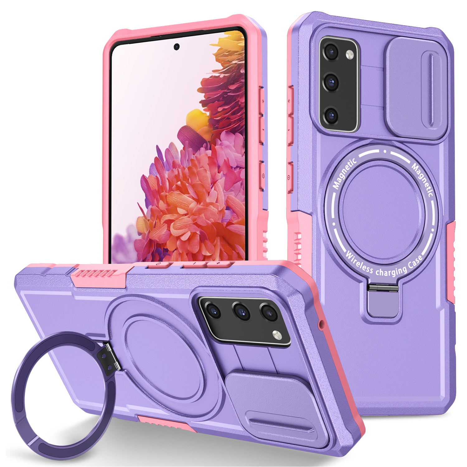 For Samsung Galaxy S20 FE 4G / FE 5G / S20 Lite / S20 FE 2022 Magnetic Case PC+TPU Phone Shell with Slide Camera Lid - Pink  /  Purple