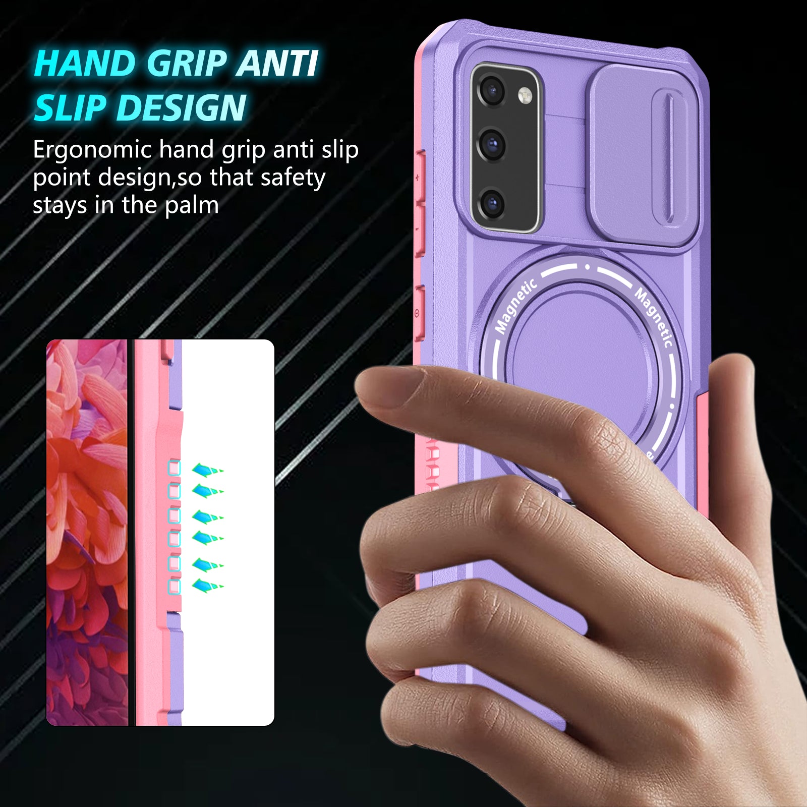 For Samsung Galaxy S20 FE 4G / FE 5G / S20 Lite / S20 FE 2022 Magnetic Case PC+TPU Phone Shell with Slide Camera Lid - Pink  /  Purple