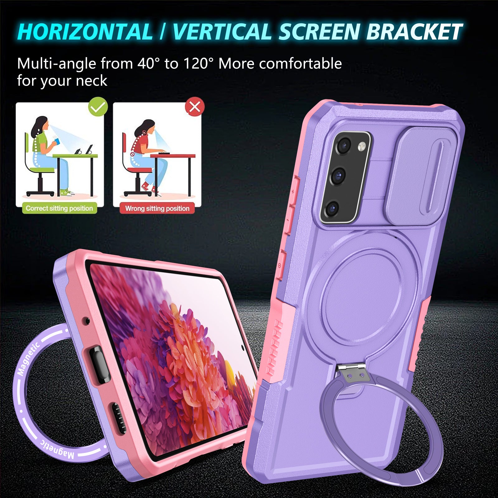 For Samsung Galaxy S20 FE 4G / FE 5G / S20 Lite / S20 FE 2022 Magnetic Case PC+TPU Phone Shell with Slide Camera Lid - Pink  /  Purple