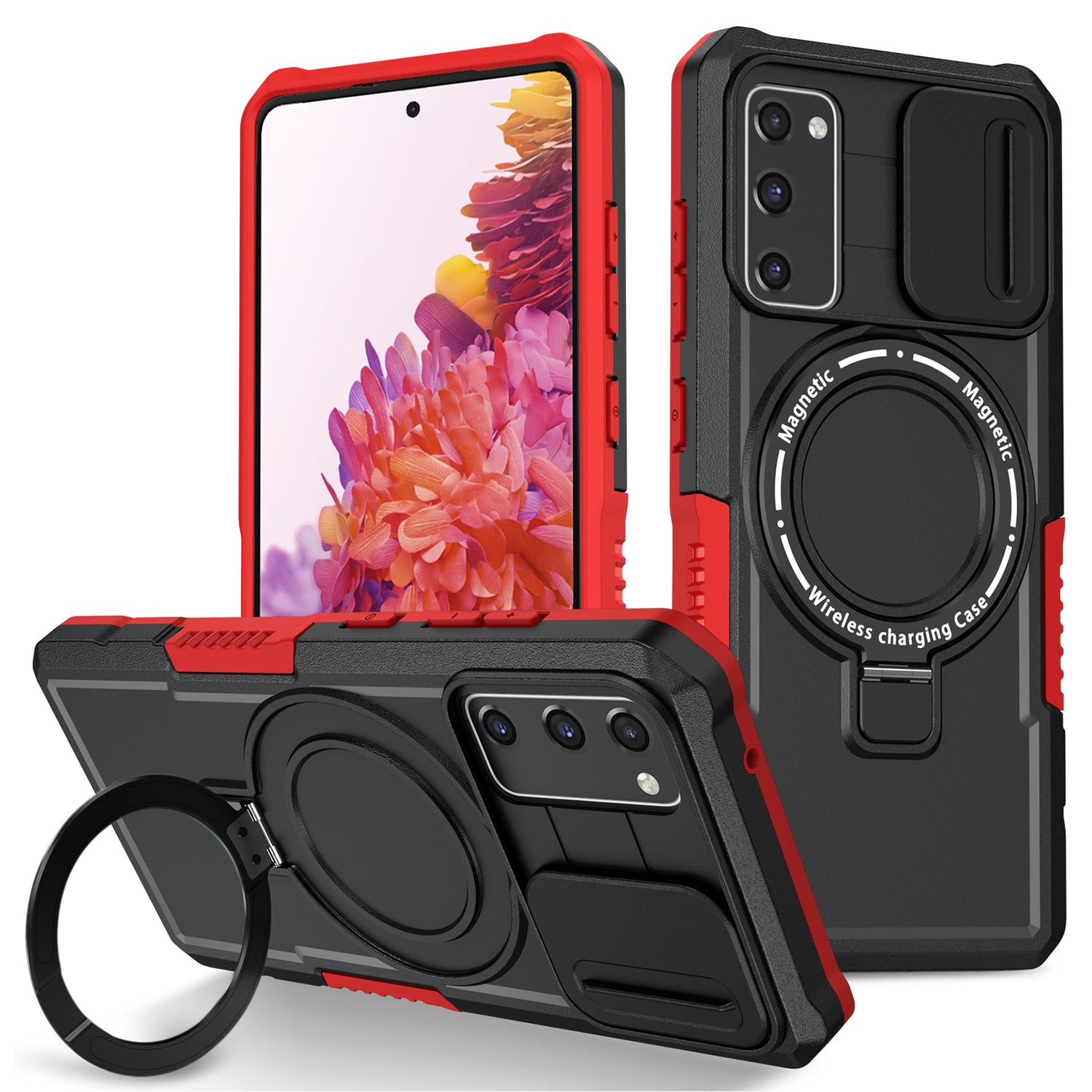 For Samsung Galaxy S20 FE 4G / FE 5G / S20 Lite / S20 FE 2022 Magnetic Case PC+TPU Phone Shell with Slide Camera Lid - Red  /  Black