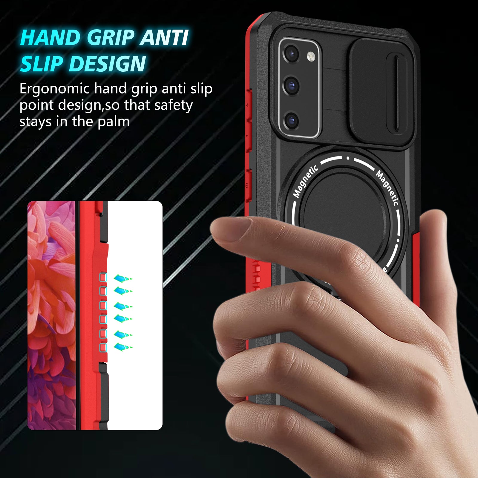 For Samsung Galaxy S20 FE 4G / FE 5G / S20 Lite / S20 FE 2022 Magnetic Case PC+TPU Phone Shell with Slide Camera Lid - Red  /  Black