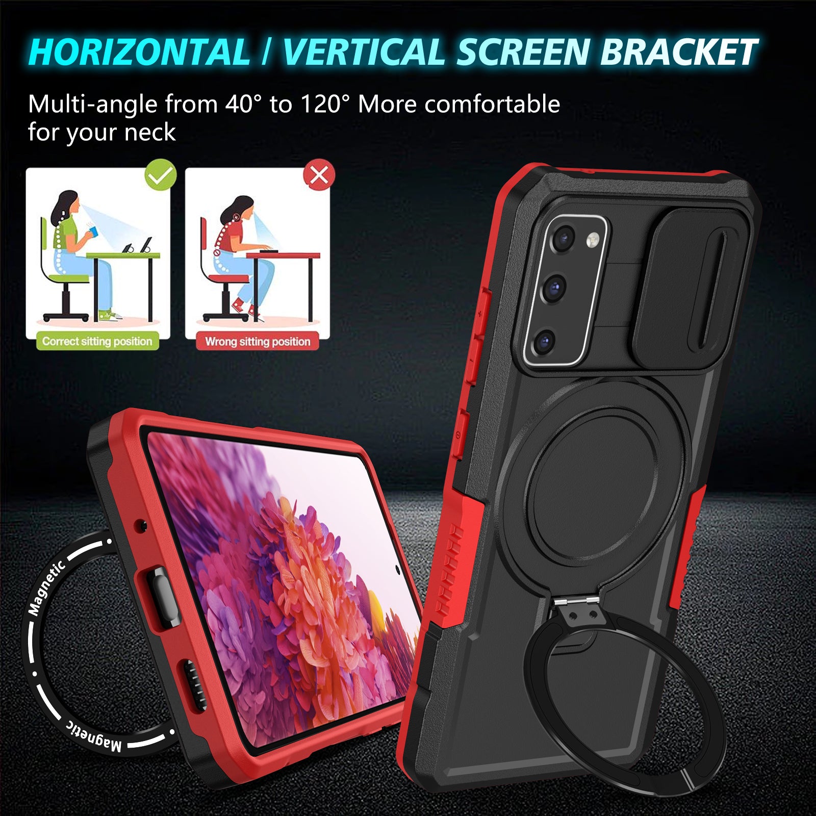 For Samsung Galaxy S20 FE 4G / FE 5G / S20 Lite / S20 FE 2022 Magnetic Case PC+TPU Phone Shell with Slide Camera Lid - Red  /  Black