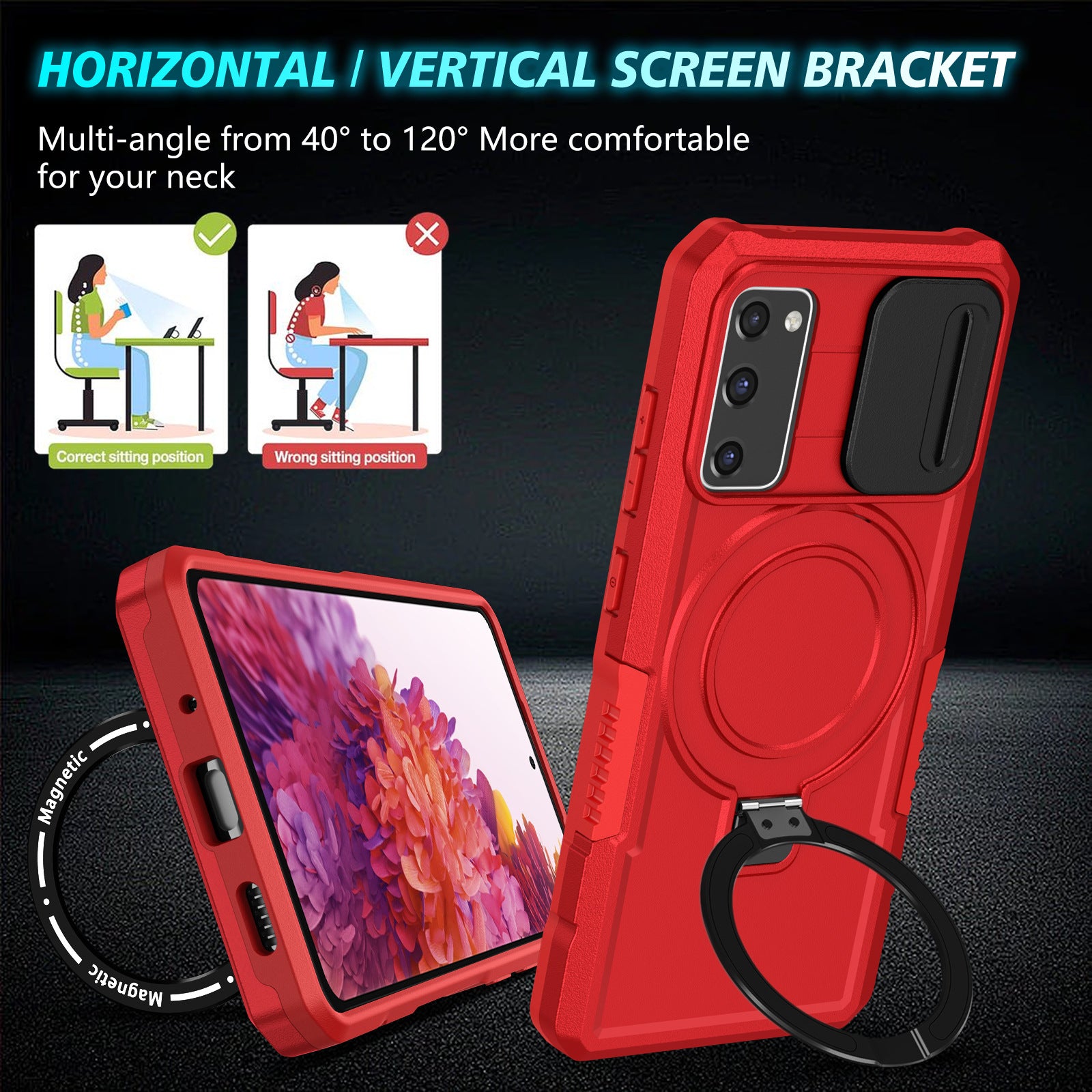 For Samsung Galaxy S20 FE 4G / FE 5G / S20 Lite / S20 FE 2022 Magnetic Case PC+TPU Phone Shell with Slide Camera Lid - Red