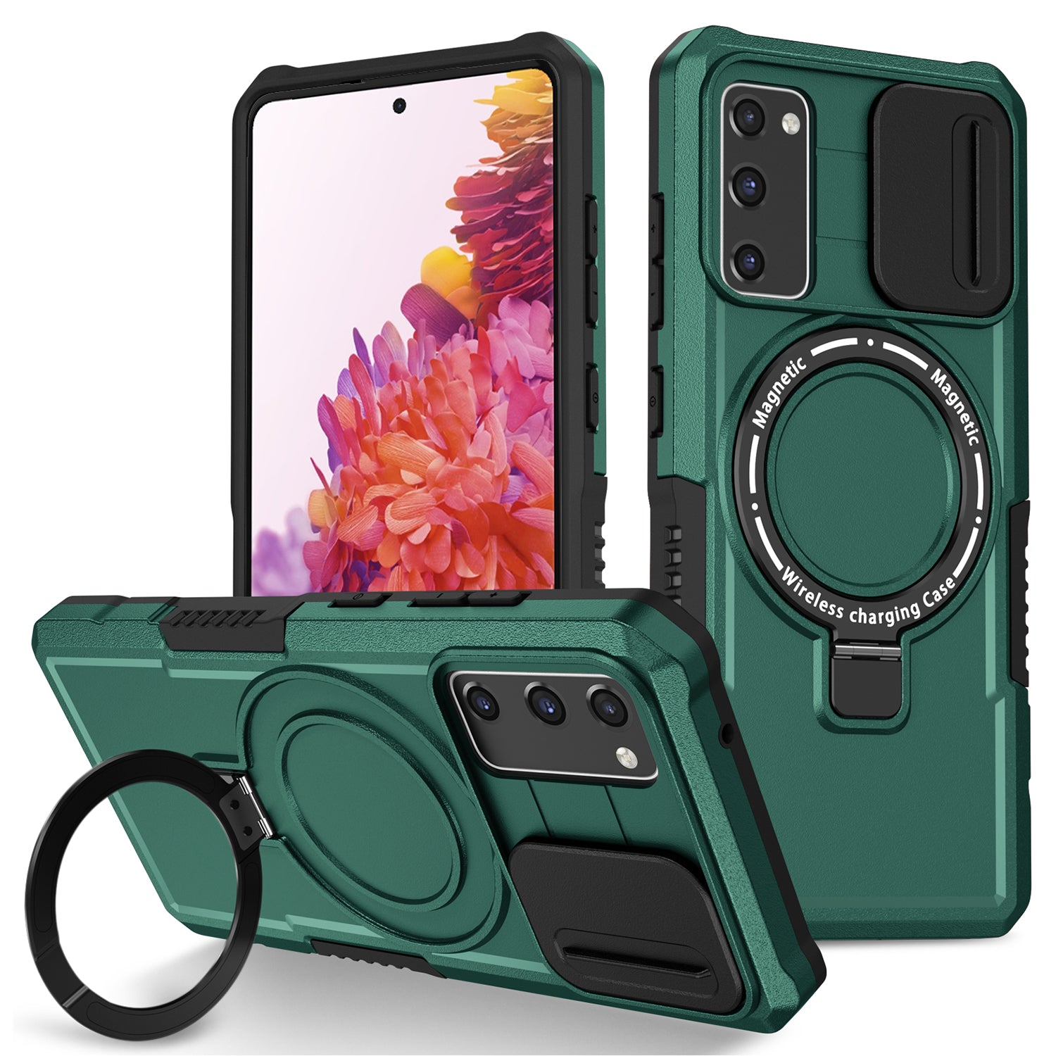 For Samsung Galaxy S20 FE 4G / FE 5G / S20 Lite / S20 FE 2022 Magnetic Case PC+TPU Phone Shell with Slide Camera Lid - Blackish Green