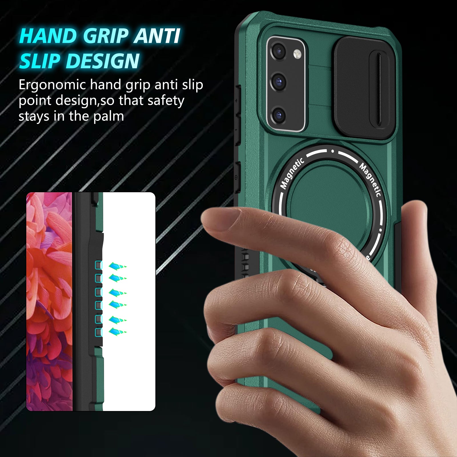 For Samsung Galaxy S20 FE 4G / FE 5G / S20 Lite / S20 FE 2022 Magnetic Case PC+TPU Phone Shell with Slide Camera Lid - Blackish Green