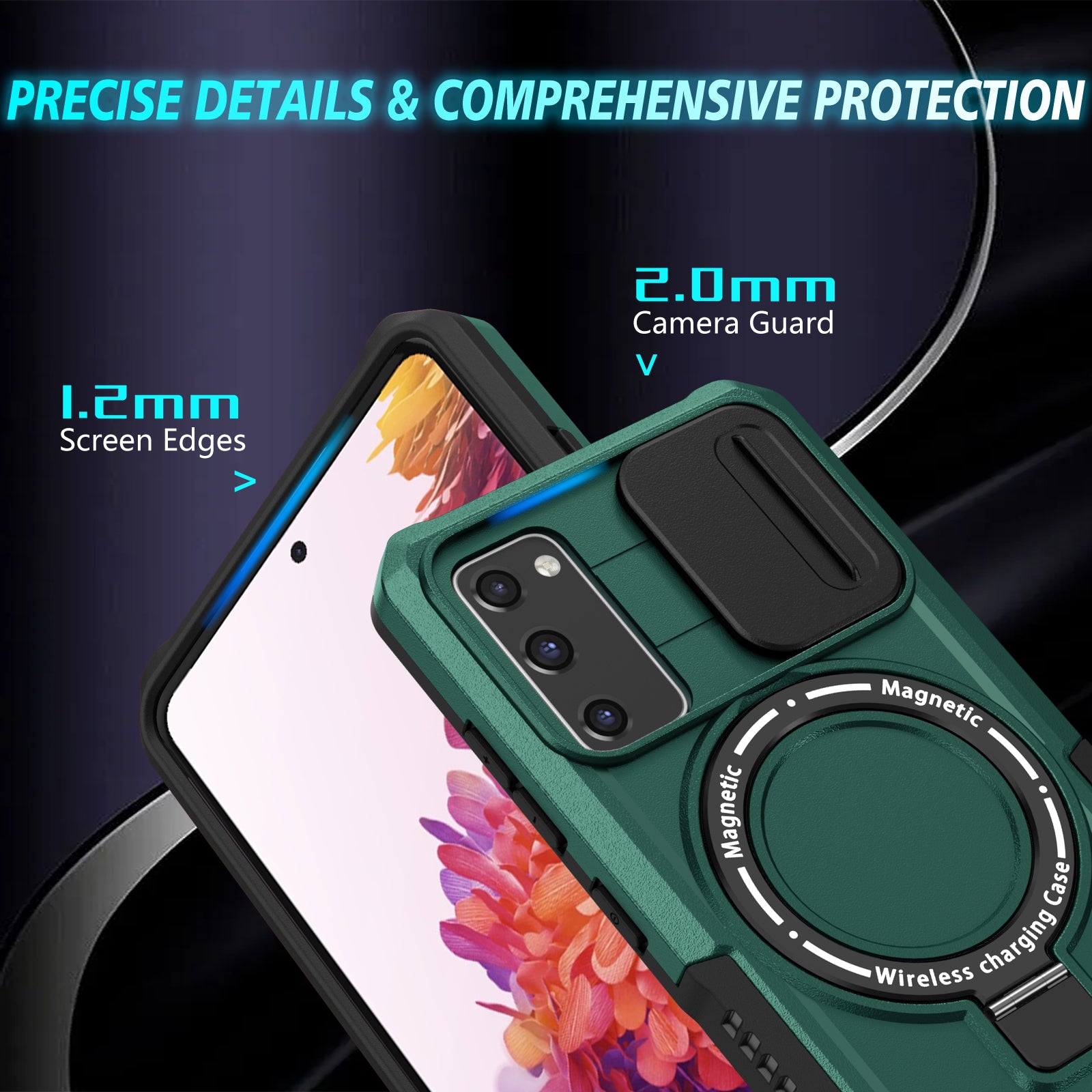 For Samsung Galaxy S20 FE 4G / FE 5G / S20 Lite / S20 FE 2022 Magnetic Case PC+TPU Phone Shell with Slide Camera Lid - Blackish Green