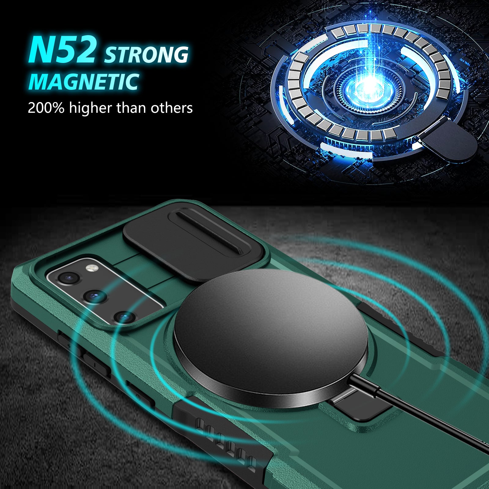 For Samsung Galaxy S20 FE 4G / FE 5G / S20 Lite / S20 FE 2022 Magnetic Case PC+TPU Phone Shell with Slide Camera Lid - Blackish Green