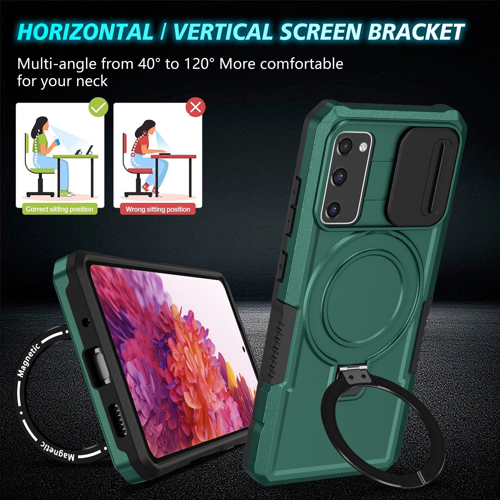 For Samsung Galaxy S20 FE 4G / FE 5G / S20 Lite / S20 FE 2022 Magnetic Case PC+TPU Phone Shell with Slide Camera Lid - Blackish Green